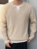 Men'S Notch Henley Long Sleeve Knit Sweater Waffle Textured Crew Split Neck Solid Color Casual Fall Winter Knitted Pullover Top - Apricot