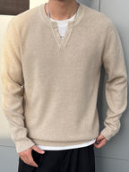 Men'S Notch Henley Long Sleeve Knit Sweater Waffle Textured Crew Split Neck Solid Color Casual Fall Winter Knitted Pullover Top - Apricot