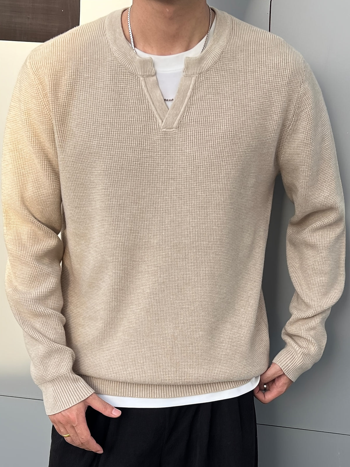Men'S Notch Henley Long Sleeve Knit Sweater Waffle Textured Crew Split Neck Solid Color Casual Fall Winter Knitted Pullover Top - Apricot