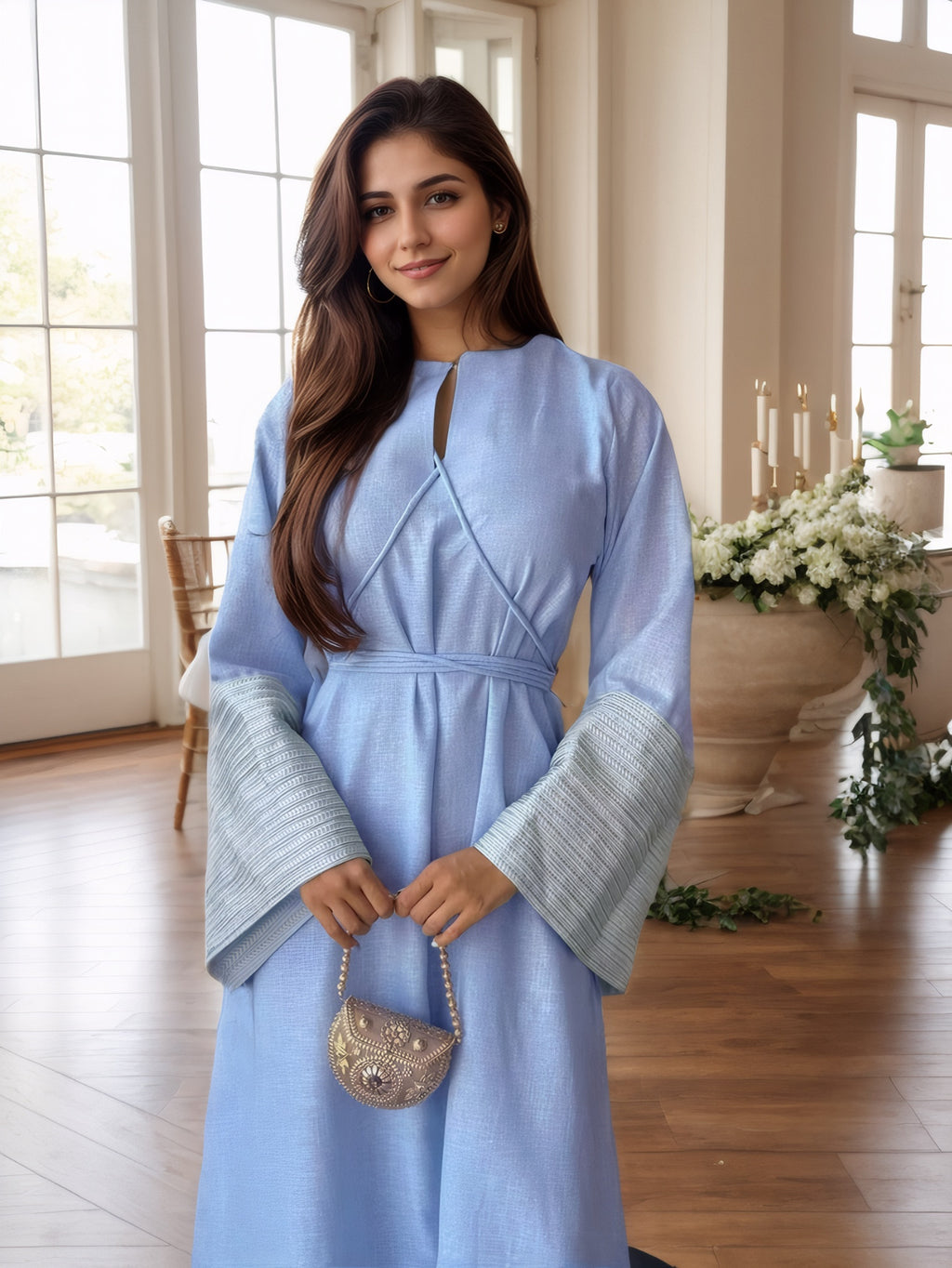 Muslim Women'S Solid Color Fashion Abaya Jilbab Dress, Long Sleeve, V Neck, with Belt, for Ramadan - Light Blue