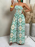 Women's Fashionable and Elegant Pattern-Printed Pleated Tube-Silhouette Wide-Leg Jumpsuit, Casual Beach Vacation Outfit, Holiday Summer Beachwear, Back-to- Outfit, Very Minimalist Outfit, Office Attire, Vintage Luxury Style, Teacher's Outfit - Mixed colors