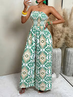 Women's Fashionable and Elegant Pattern-Printed Pleated Tube-Silhouette Wide-Leg Jumpsuit, Casual Beach Vacation Outfit, Holiday Summer Beachwear, Back-to- Outfit, Very Minimalist Outfit, Office Attire, Vintage Luxury Style, Teacher's Outfit - Mixed colors
