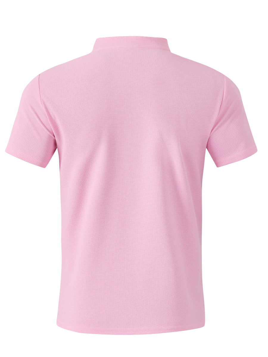 Breathable Fabric Summer Men'S Waffle Skinny Short Sleeve American Oversized Casual V-Neck Tie-Up T-Shirt - Pink