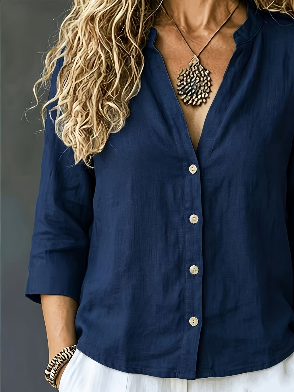 Women's Spring/Summer Casual Loose V-Neck Button-Up Shirt - Navy Color