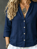 Women's Spring/Summer Casual Loose V-Neck Button-Up Shirt - Navy Color