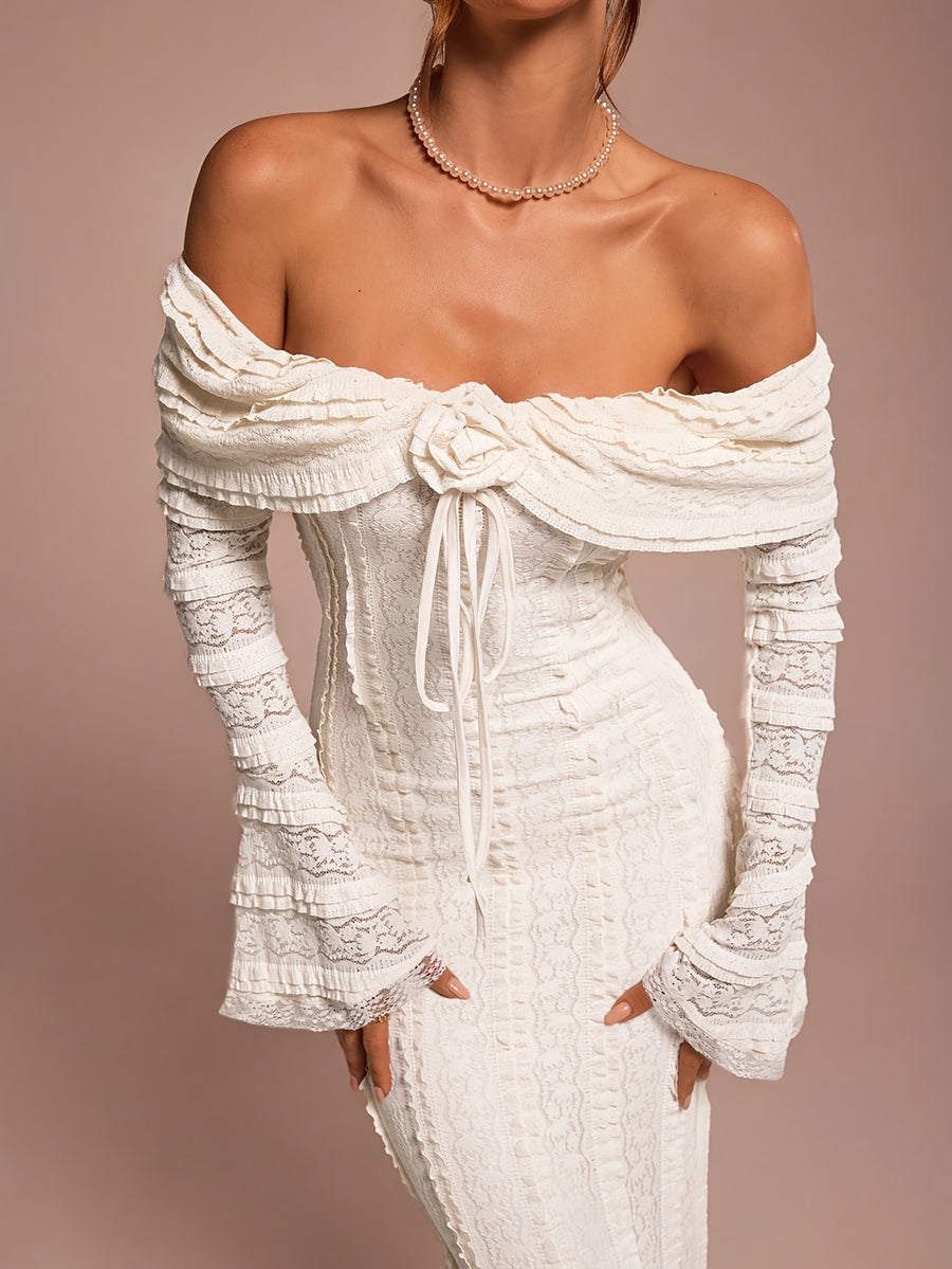 European Women's Fashion Cold Shoulder Tea Break Dress, Sweet and Elegant Off-Shoulder Long Sleeve Date Wear, 3D Floral Lace Gown, Suitable for Valentine's Day, Wedding Season, Parties and Evening Events - Milky