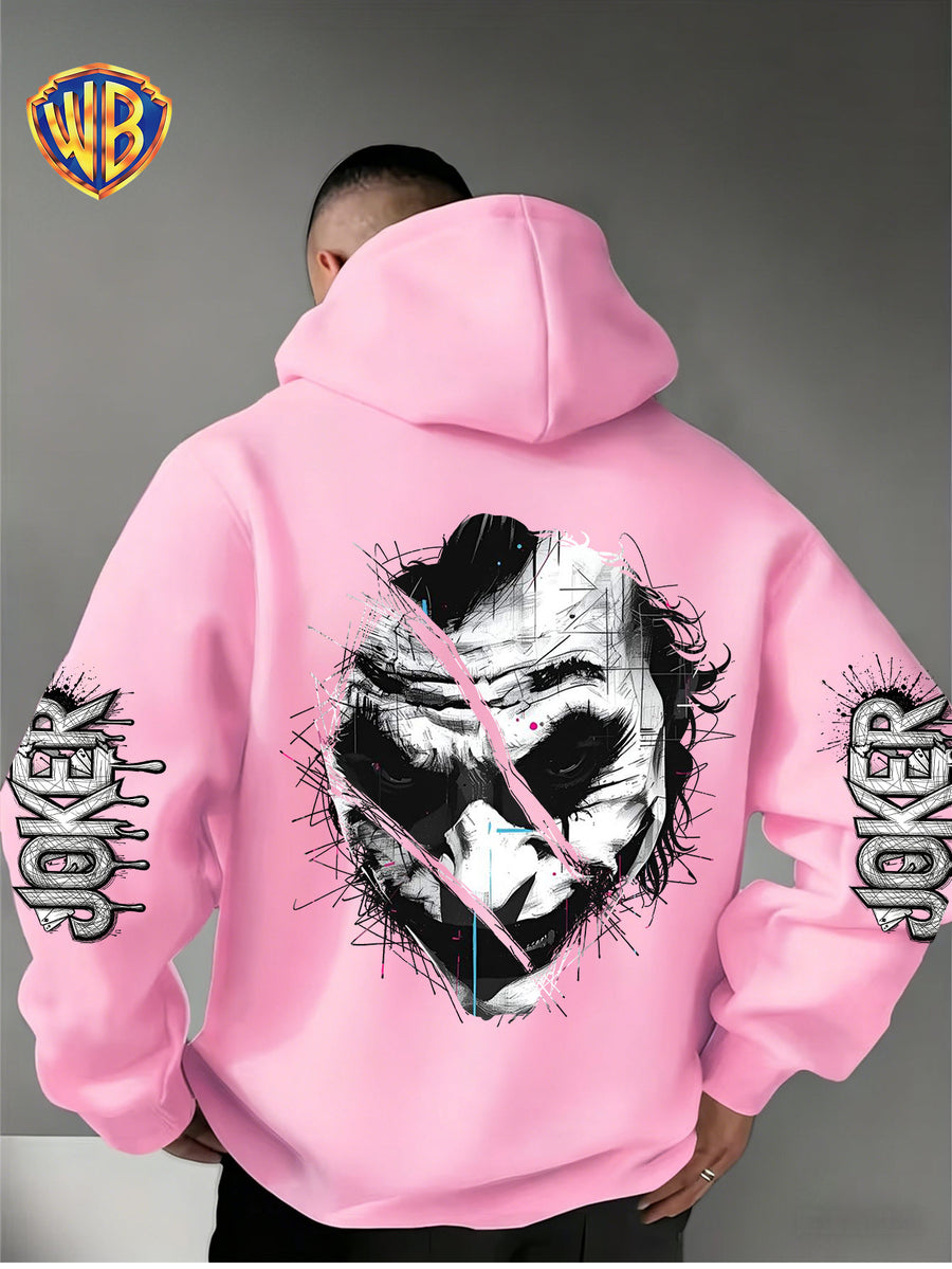 Dark and Edgy Style Hooded Sweatshirt, Featuring a Reimagined Clown Portrait Print with a Graffiti-like Texture That Exudes a Street Vibe. Packed with Streetwear Brand Attributes, It Unleashes a Free-spirited Aura and Is Unisex for Both Men and Women - Pink Color
