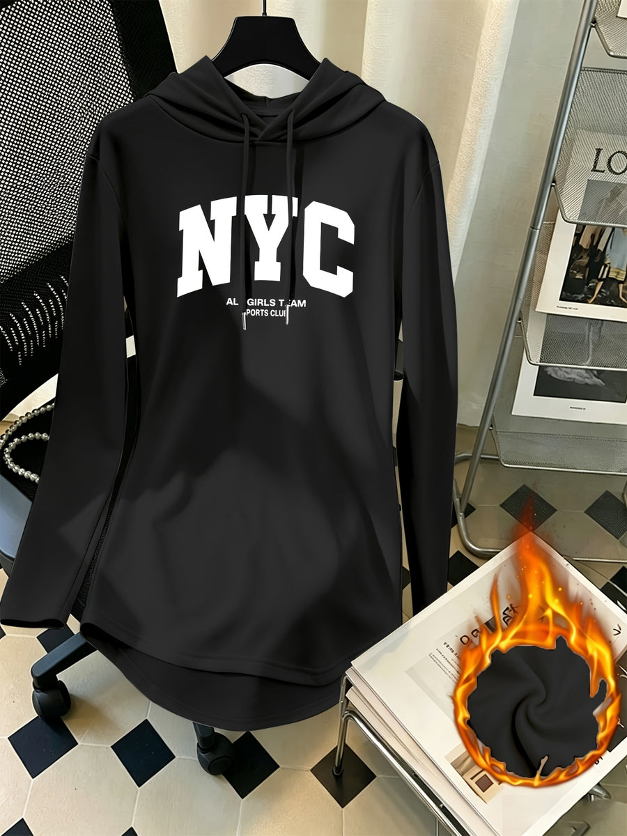 Mid-Length Hooded Sweatshirt for Women, Loose Hip-Covering Letter Print Drawstring Pullover Top - Black