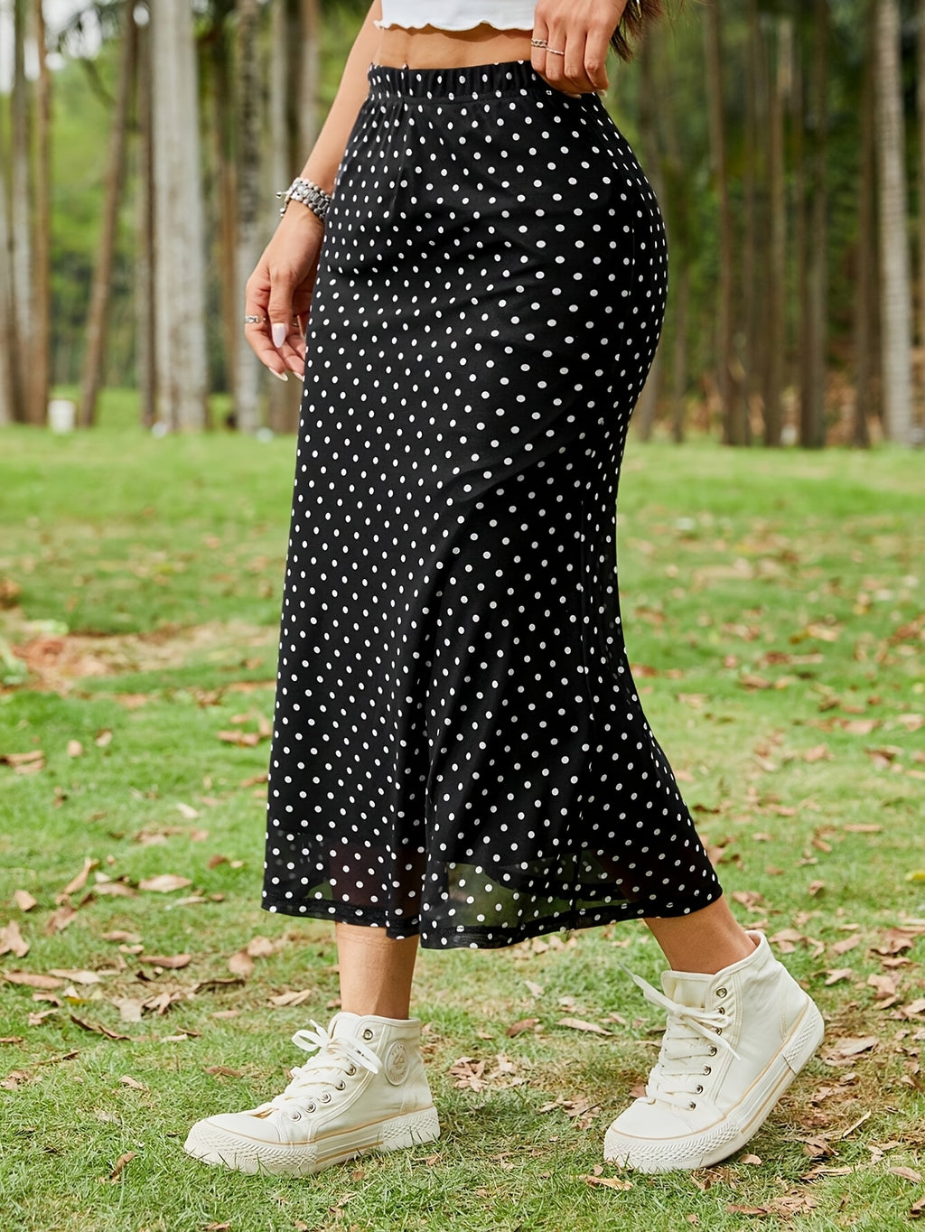 Black Polka Dot See-Through Mesh High-Low Midi Skirt - Black