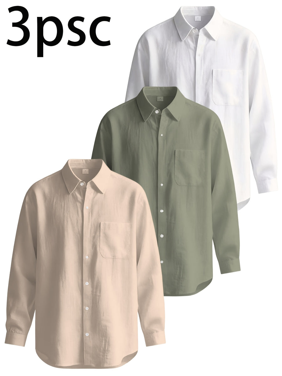 3pcs Men'S Casual Linen Shirts, Long Sleeve Button Tops with Chest Pocket, Lightweight Solid Color Shirts for Daily And Vacation - Mix Color 4