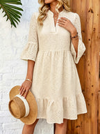 Women's White Hollow Embroidered Notch Collar Multi-Layer Split A-Hem Dress for Spring - Apricot