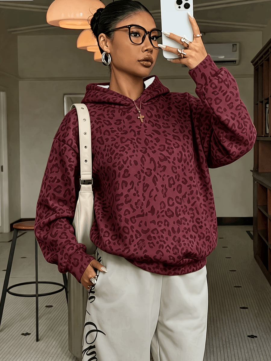 Women's Sweatshirt, Casual and Simple College-style Retro Leopard Sweatshirt[Printed Design-not Textured] - Deep Red