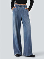 Elegant Women'S Fashion Temperament Casual Solid Color Premium Commuter Style Versatile Design Sense Denim Long Pants - Medium Blue