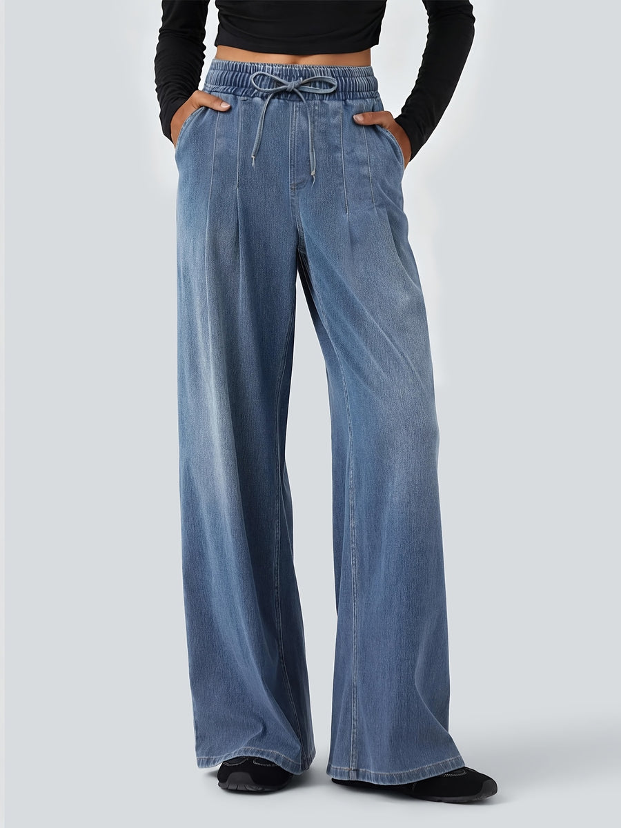 Elegant Women'S Fashion Temperament Casual Solid Color Premium Commuter Style Versatile Design Sense Denim Long Pants - Medium Blue