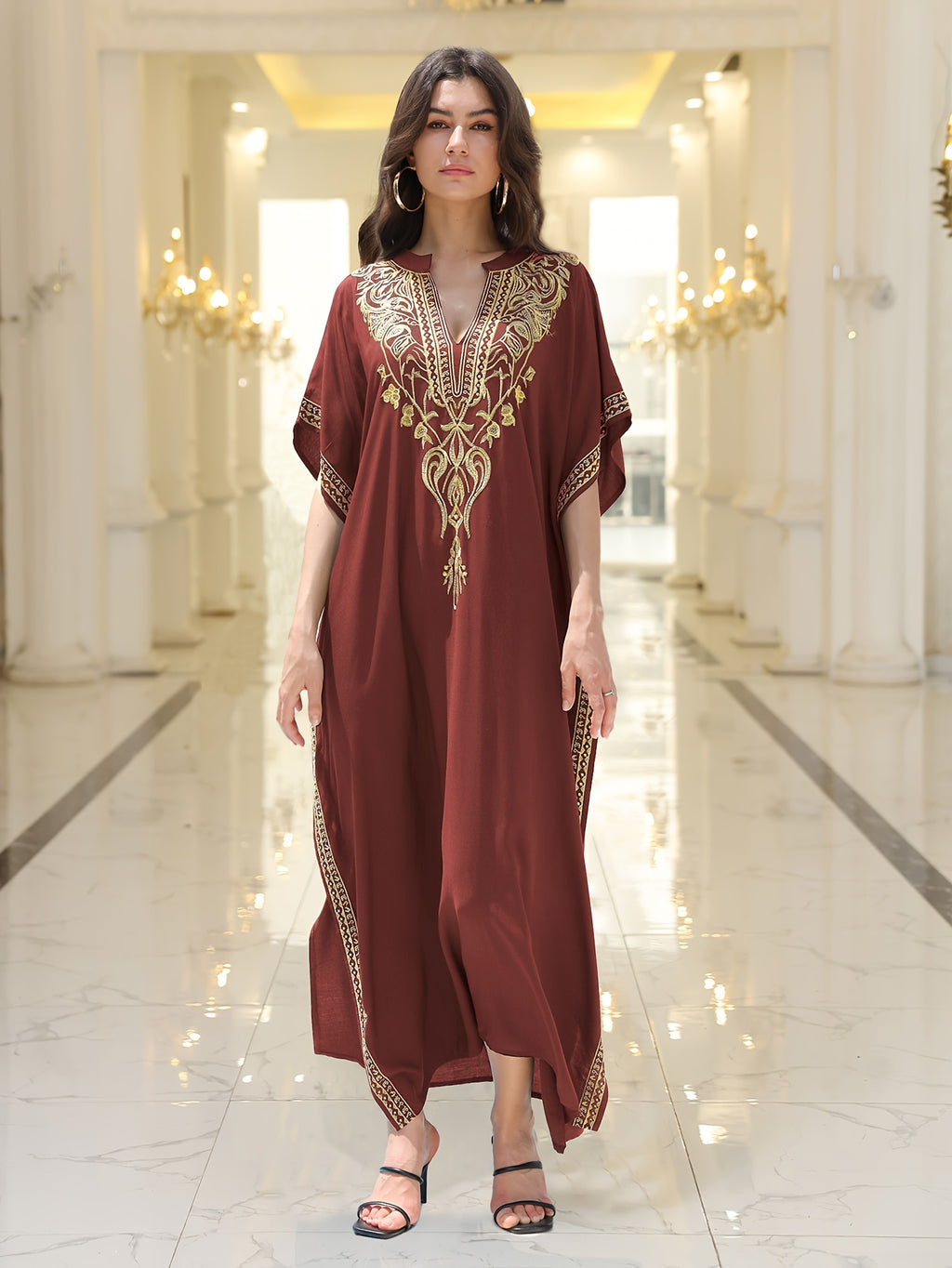 2025 Summeer Chic Golden Embroidered Sexy V-neck Bat Sleeves Side Slits Dress for Women Elegant Resort Robe Q1735 - The color of rouge
