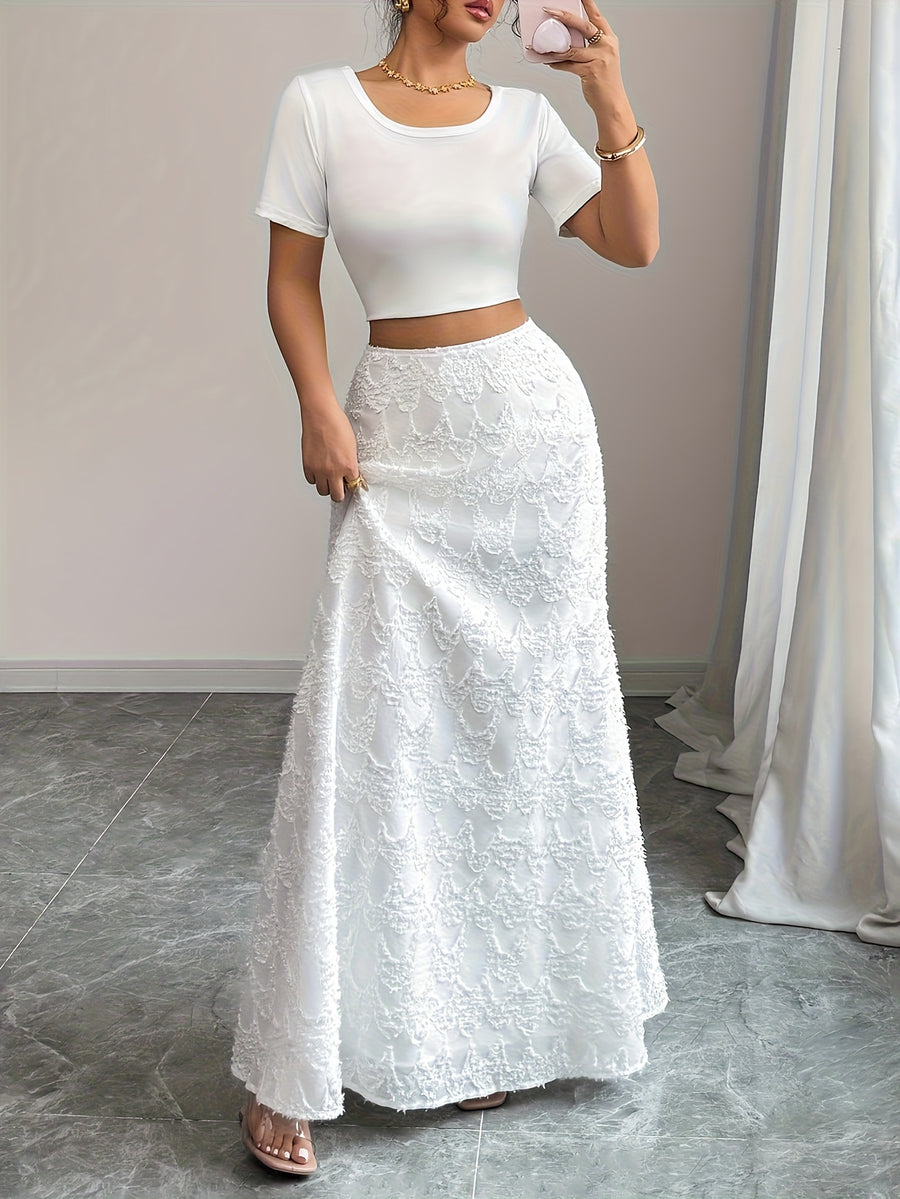 Elegant Women's Casual Solid Color Textured Fabric Lace Trim Skirt, Suitable for Parties - White
