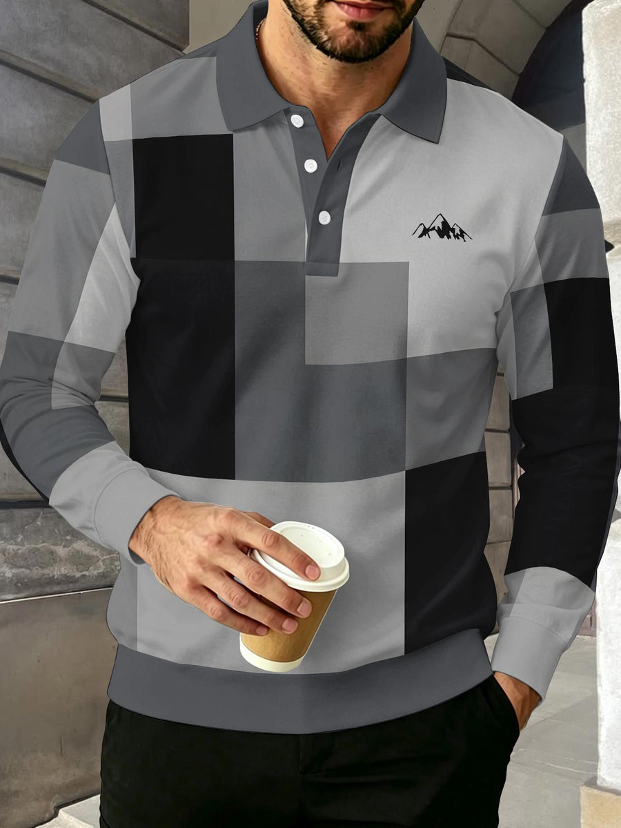 Color-Block Men'S Long Sleeve Polo Shirt, Lapel 3-Button Casual Top, Oil Painting Block Plaid Contrast Print, Spring Autumn Business Commute Golf Versatile Men'S Wear, Teenager Men'S Birthday Holiday Surprise Gift - Mixed Color F