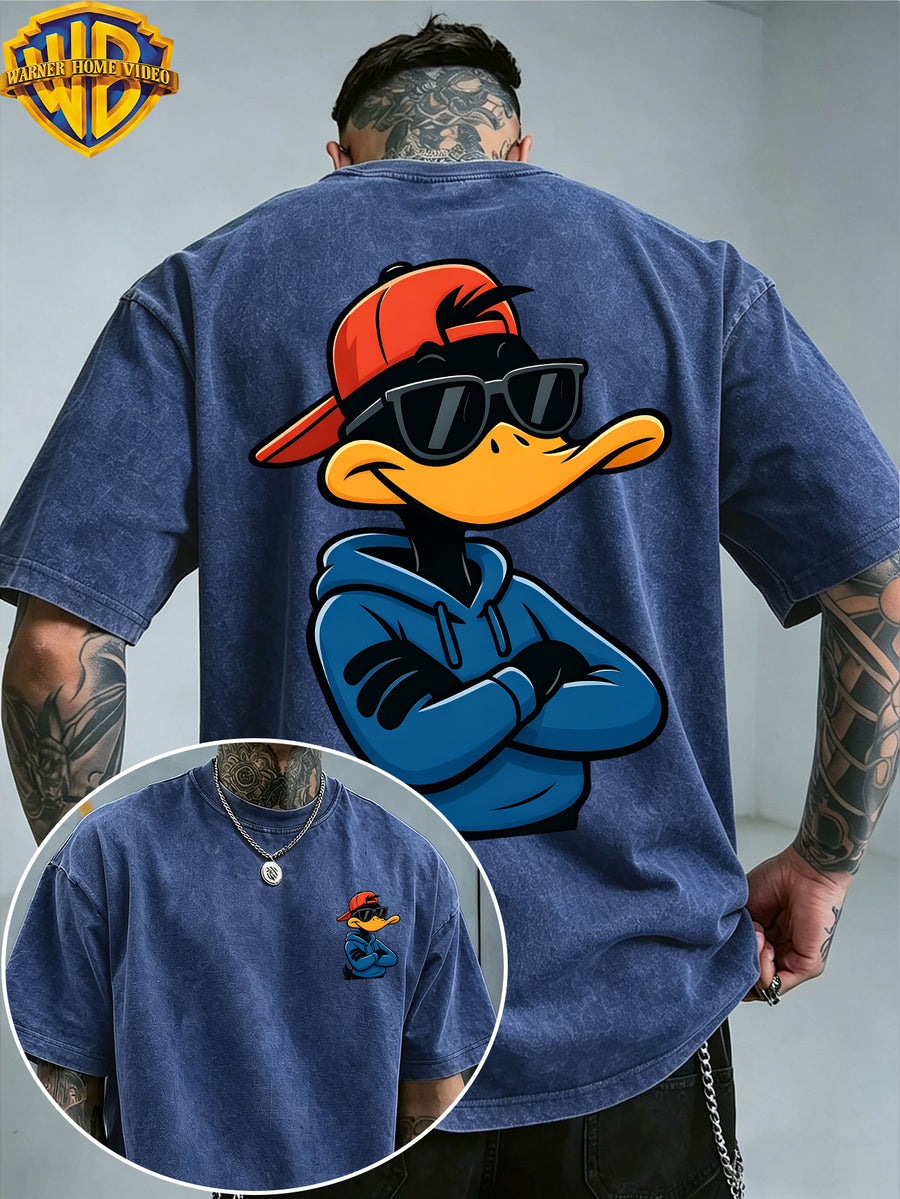 [Warner Bros] Official Authorization, Men'S Short Sleeve Le Yi Tong Da Fei Duck Sunglasses Printed Design, American Retro Washed Distressed T-Shirt, Outdoor Sports And Leisure Clothing, Daily Commuting, Machine Washable - Royal Blue