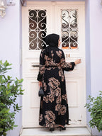 Muslim Middle Eastern New Temperament Elegant Open Front Multi-Layer Cake Tying Printed Robe (Headscarf Not Included) - Black
