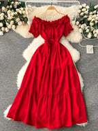 Spring/Summer French-Style Dress for Women, Solid Color, Elegant and Gentle Style, Off-Shoulder Neckline, Short Sleeves, Red Spliced Maxi Skirt, Puff Sleeves, Waist-Cinching Fairy Dress, Sweet Vacation Dress, Gavin - Red