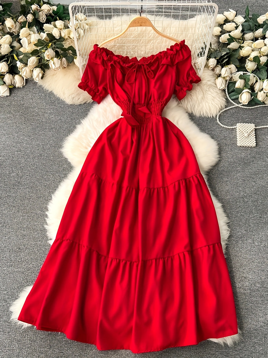Spring/Summer French-Style Dress for Women, Solid Color, Elegant and Gentle Style, Off-Shoulder Neckline, Short Sleeves, Red Spliced Maxi Skirt, Puff Sleeves, Waist-Cinching Fairy Dress, Sweet Vacation Dress, Gavin - Red