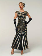 1920 Vintage Sequin Gatsby Ball Fringe Short Sleeve Dress, Party Banquet Dance Dress with Beaded Sequins, Toast Gown, In Stock - Black Golden