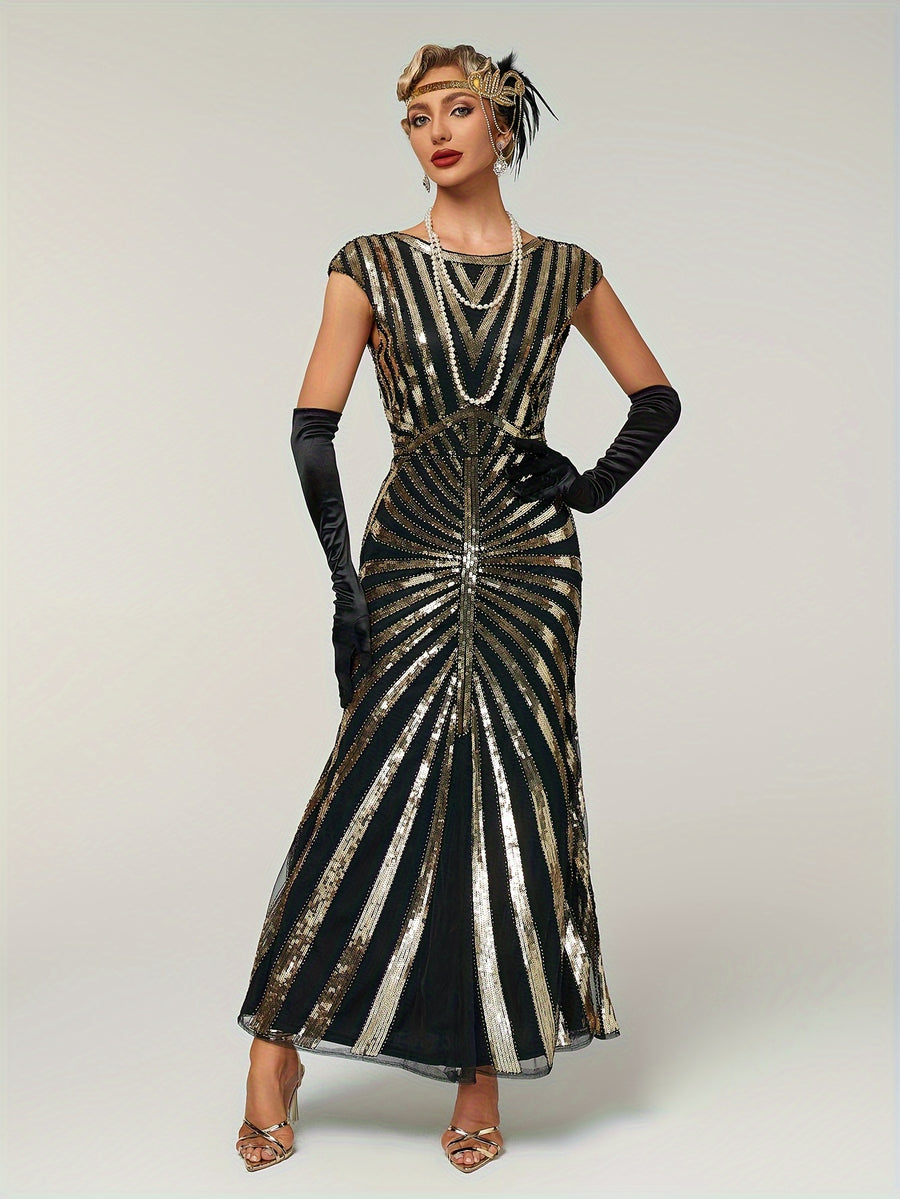1920 Vintage Sequin Gatsby Ball Fringe Short Sleeve Dress, Party Banquet Dance Dress with Beaded Sequins, Toast Gown, In Stock - Black Golden