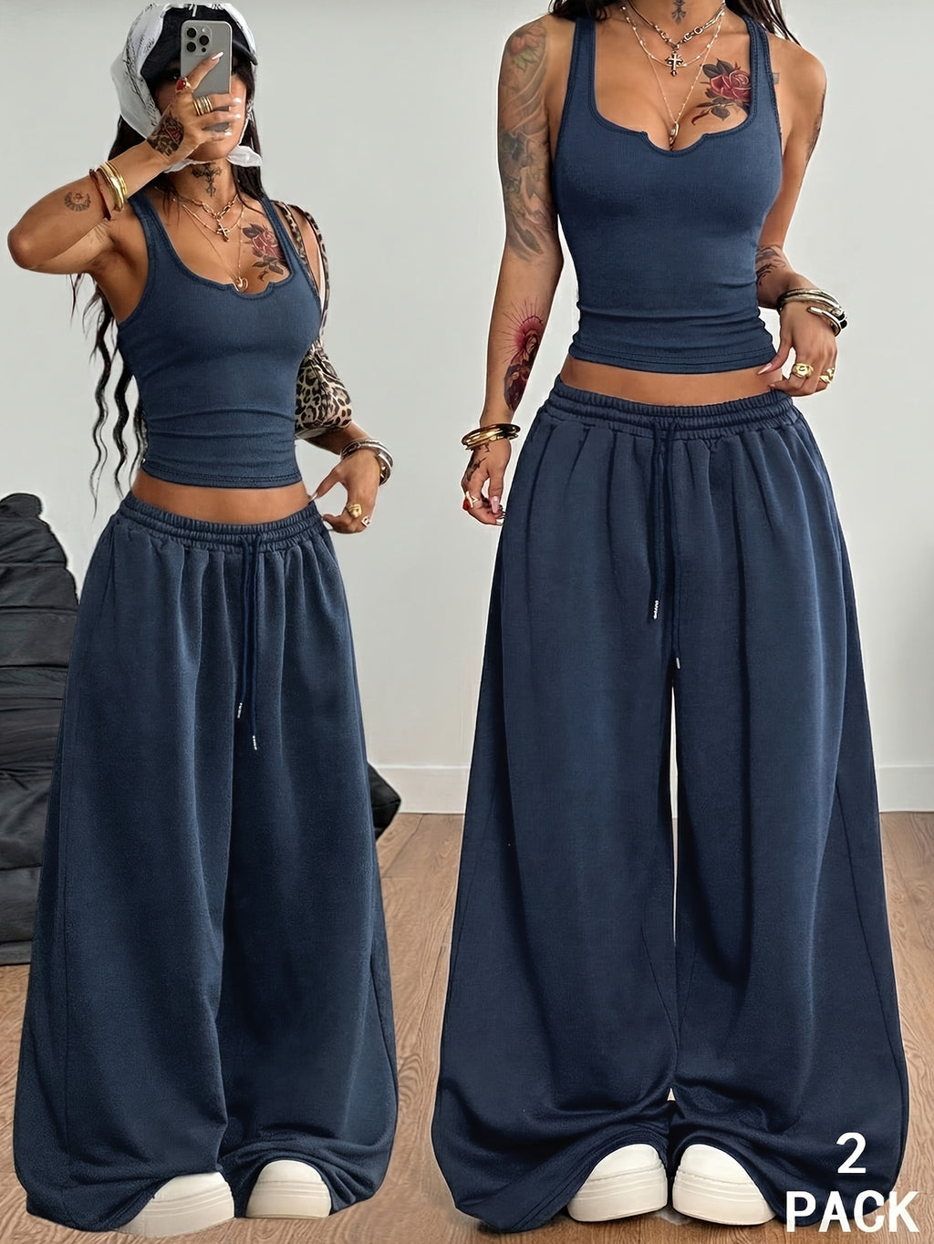 Fitted U-Neck Cami And Flowing Wide-Leg Floor-Length Pants, Street Hot Style with Elastic Waist, Casual Comfortable Height-Enhancing Bomber Street Women'S Two-Piece Set - Royal Blue