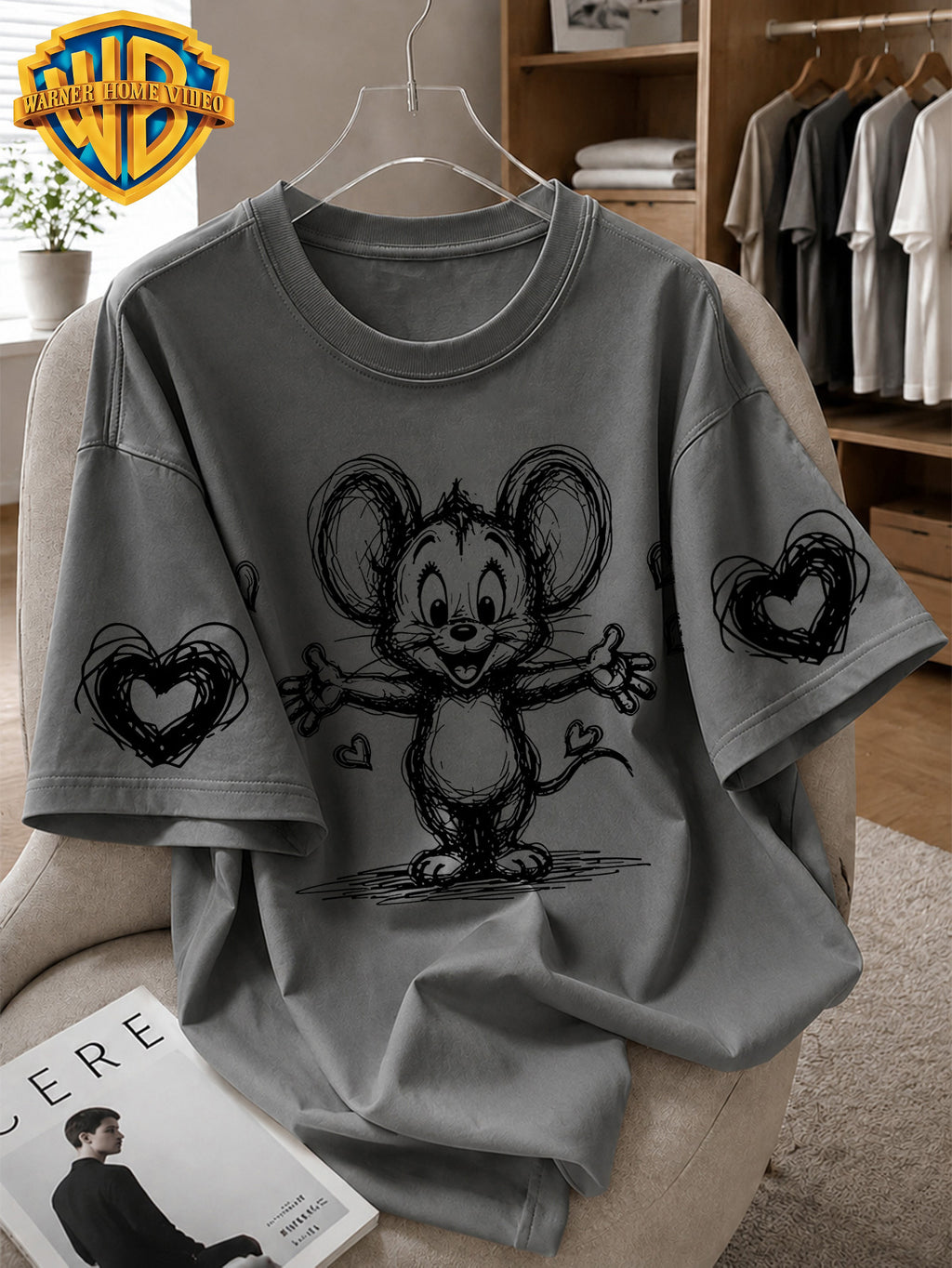 Warner Bros. Officially Licensed Classic Character Arms Open Embracing Print Men'S 100% T-Shirt, American Retro Casual Short Sleeve, Soft And Breathable, Suitable for Daily Use, Fitness, And Outdoor Activities in Summer - Dark Gray