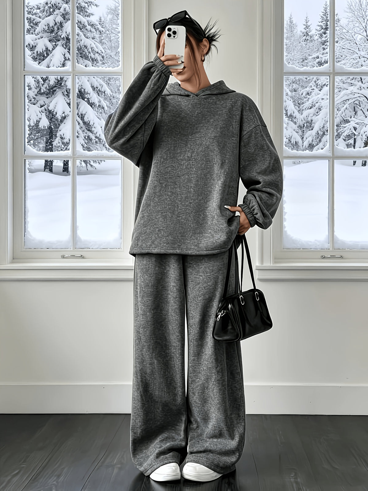 Solid Color Women's Casual Sporty Autumn/Winter Hooded Sweatshirt and Sweatpants 2pcs Set - Grey