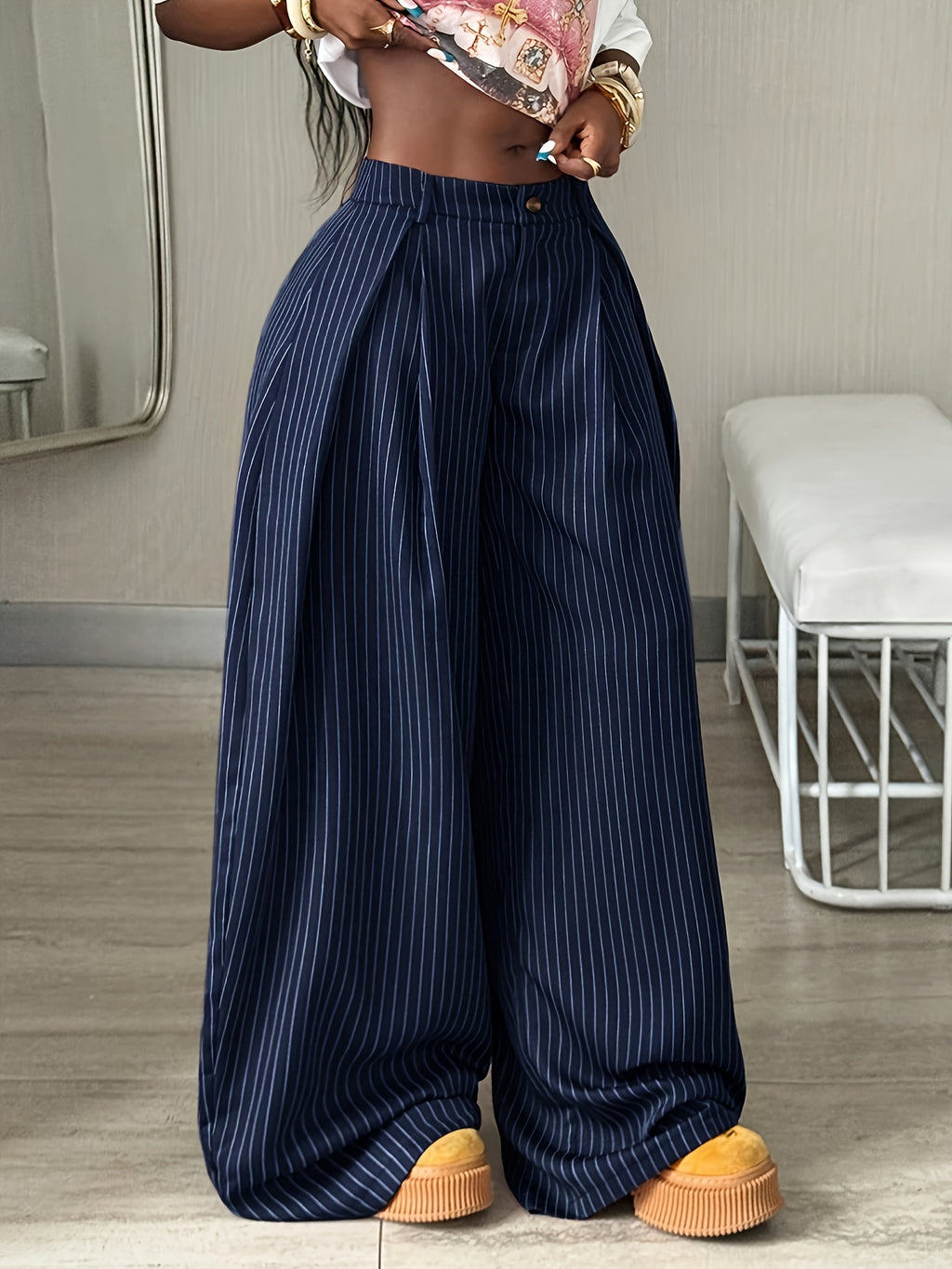 Women's Autumn/Winter Cool Vintage Casual Street Style Oversized Brown Curved Hem Striped Cargo Pants - Navy Color
