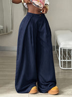 Women's Autumn/Winter Cool Vintage Casual Street Style Oversized Brown Curved Hem Striped Cargo Pants - Navy Color