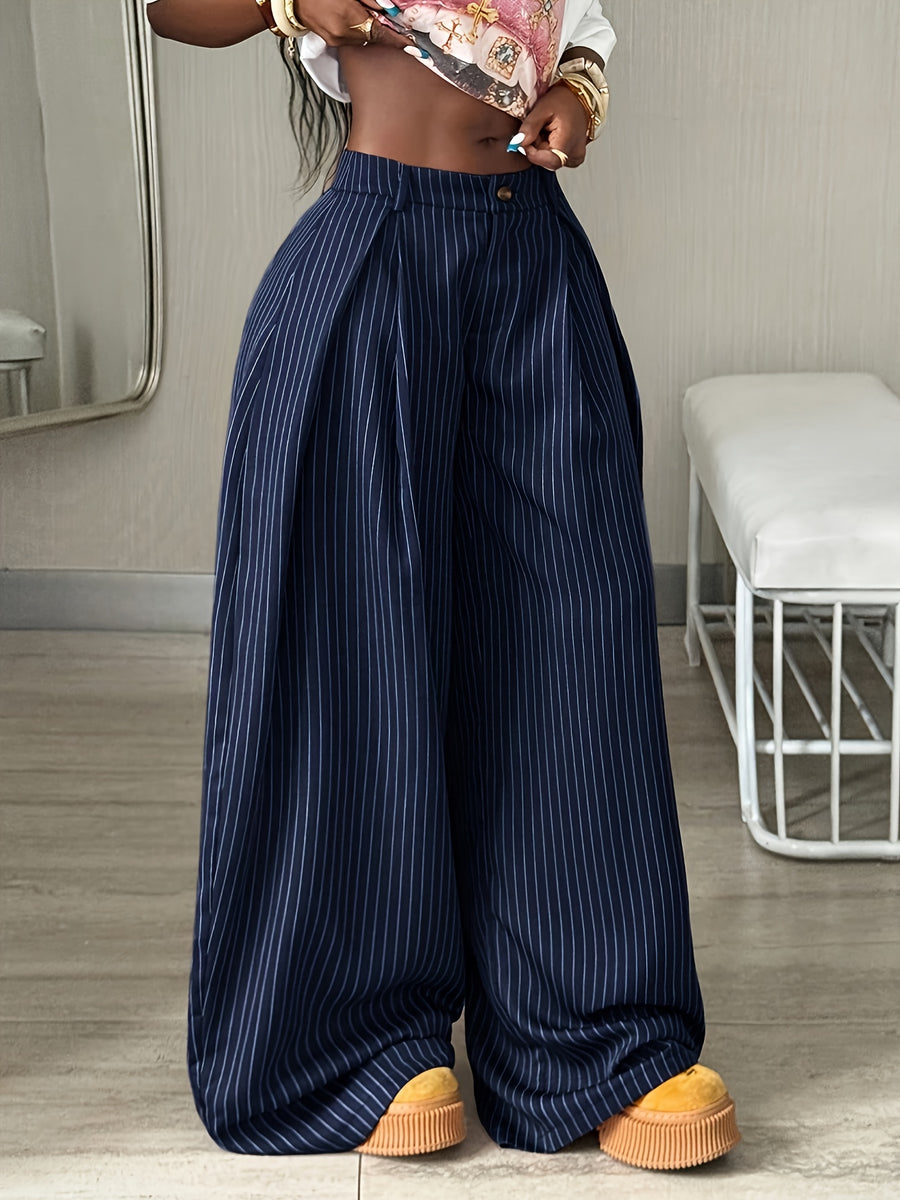 Women's Autumn/Winter Cool Vintage Casual Street Style Oversized Brown Curved Hem Striped Cargo Pants - Navy Color