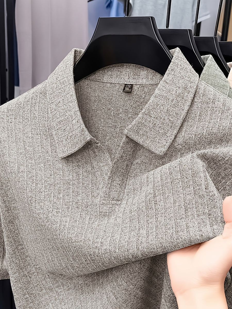 Old Money Aesthetic Vertical Ribbed Polo Sweater, Solid Color No-Button V-Neck Design, Commute Business/Casual Gathering Multi-Scene Short Sleeve Top, Light Athletic Non-Pick Body Men'S Top, Knit - Grey