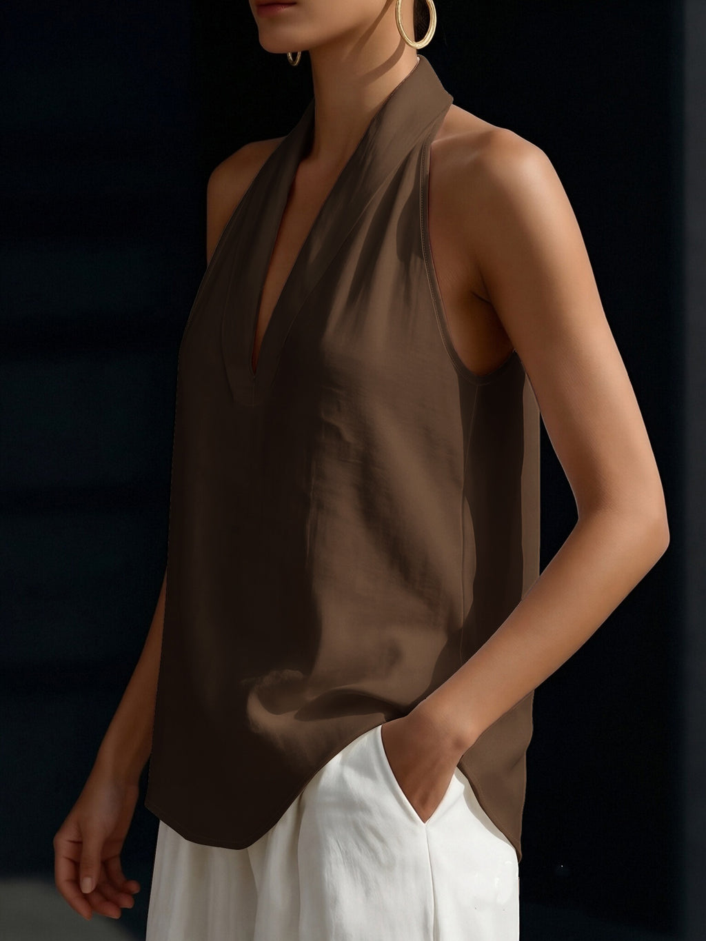Women' French-Style Off-Shoulder Halter Neck T-Shirt - Solid Color Sleeveless Top, Machine Washable Suitable for Casual, Commuting, Banquets & Dates, Elegant Versatile for Year-Round Wear - Coffee Brown