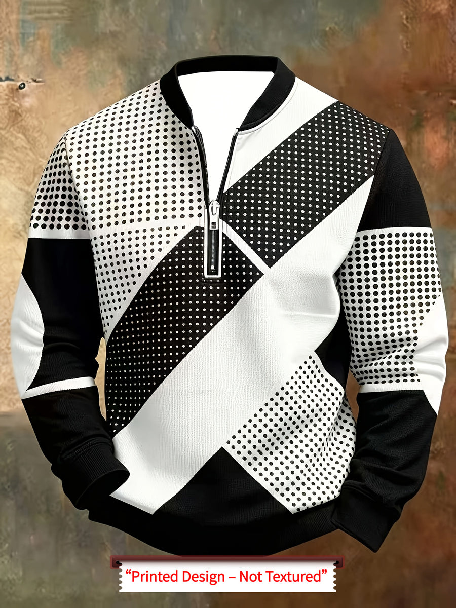 Men'S Autumn Winter Polo Zipper Sweatshirt, Classic Trendy New Half-Zip POLO Sweatshirt, American Retro Geometric Color-Block Print, Polo Stand Collar, Machine Washable, Daily Casual Party Outdoor Essential, Fashionable Long Sleeve Athletic Top - Multicolor 6