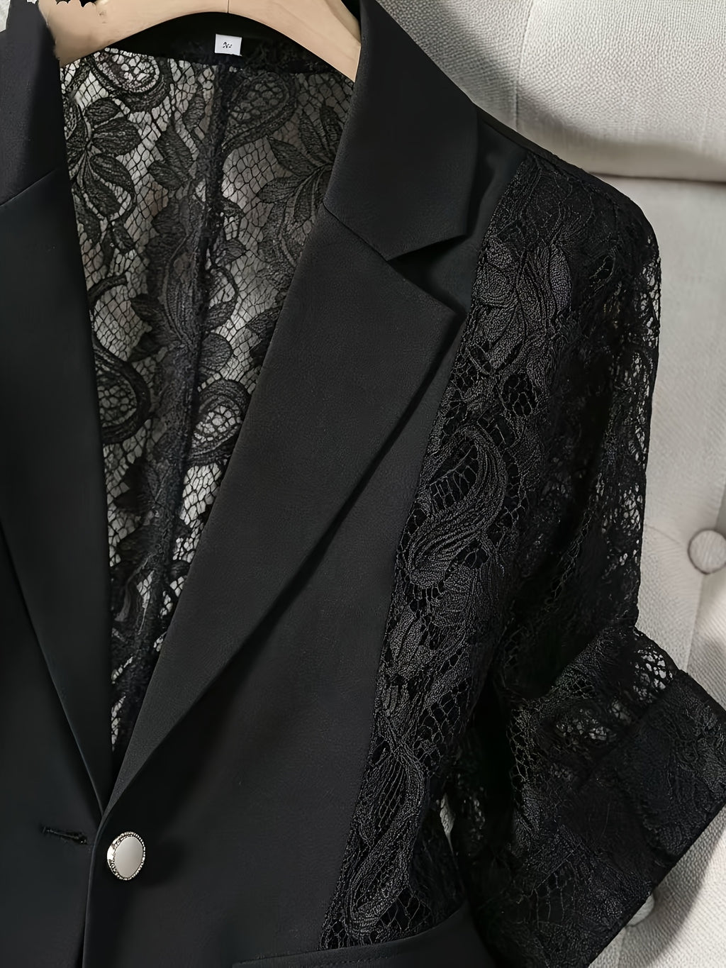 Women'S Thin Patchwork Lace Lightweight Suit Design Casual Temperament Three-Quarter Sleeve Casual Lapel Suit Top - Black
