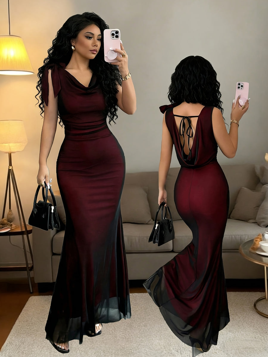 Women'S Summer New Fashion Elegant Mesh Drop-Neck Backless Asymmetrical Bow Waist-Cinching Long Dress, Suitable for Outdoor Dates, Parties, Sister Gatherings, Music Festivals, Casual Vacations, And Daily Wear - Red