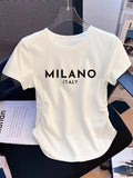 Newly Revised Women's Top with a High-waist Design That Cinches the Waist for a Slimmer Figure. It Is Elastic, Very Suitable for Casual Wear, and Features a Modern, Fashionable Style. A Comfortable Printed T-shirt - White