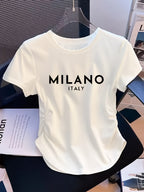 Newly Revised Women's Top with a High-waist Design That Cinches the Waist for a Slimmer Figure. It Is Elastic, Very Suitable for Casual Wear, and Features a Modern, Fashionable Style. A Comfortable Printed T-shirt - White
