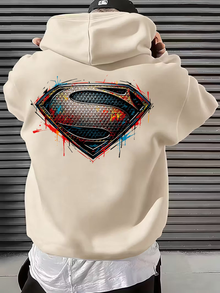 WB Men's & Unisex Superman S Logo Hoodie Sweater - Official Licensed Plush Hooded with Iconic Superman Print, Adjustable Drawstring Hood, Loose Fit for Winter Warmth, Machine Washable Casual Apparel Suitable for Autumn - Apricot