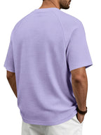 Men's Fashion Waffle Knit Raglan Sleeve V-Neck Short Sleeve Shirt, Men's V-Neck Short Sleeve T-Shirt, Chest Badge with Contrast Color Label, Stylish and Aesthetic - Violet