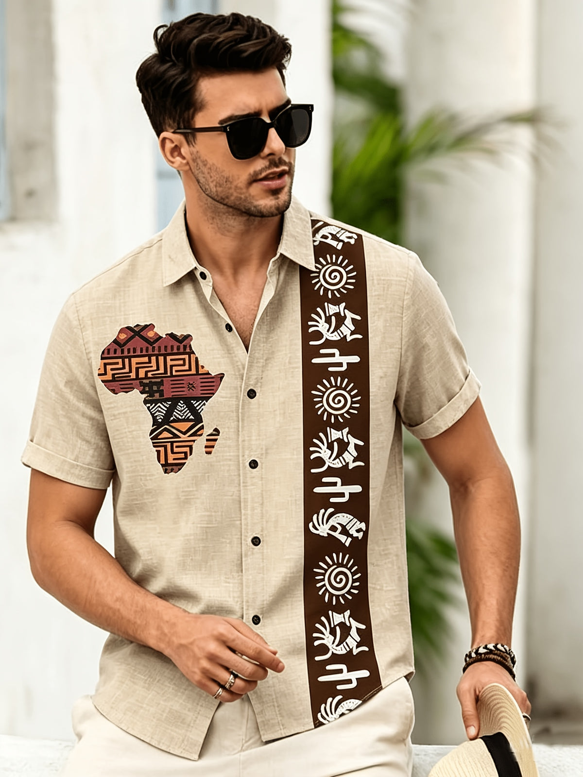 Men'S Summer Short Sleeve Casual Shirt, Button-Top Fashionable Versatile Shirt, Machine Washable, Lightweight And Breathable Fabric, Beach Vacation Pool Party, Daily Travel, Leisure Gathering - Khaki