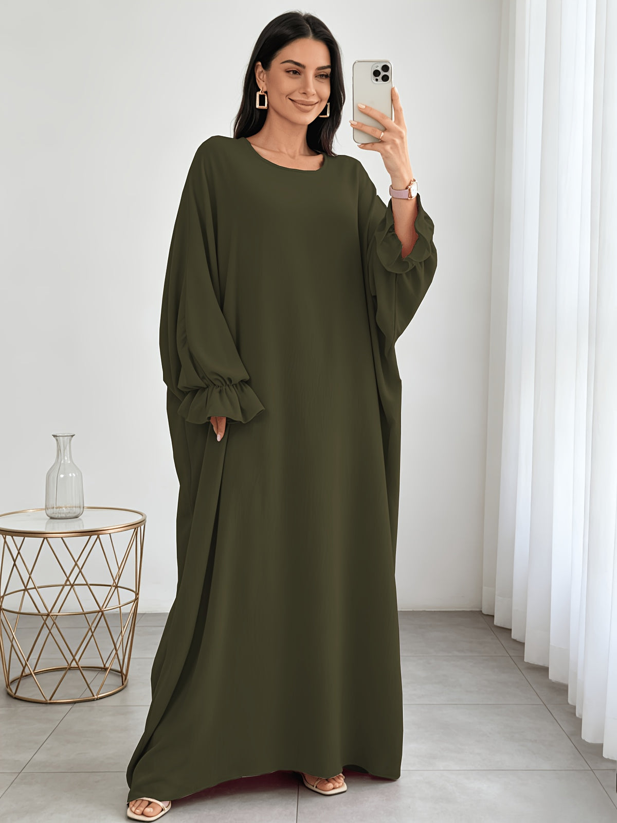 1pc Moisture-Wicking Breathable Fabric Loose Comfortable Batwing Dress Casual All-Match Abaya Suitable for Women'S Daily Wear Without Headscarf, Summer Abaya Women Abaya Women Muslim Dress Robe Summer Abaya Women - Olive Green