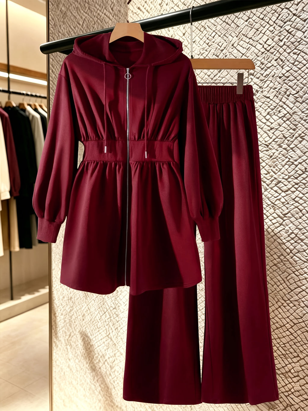 2pcs Set: Mid-length Hooded Zip-up Cardigan + High-waisted Drapey Wide-leg Pants - Burgundy