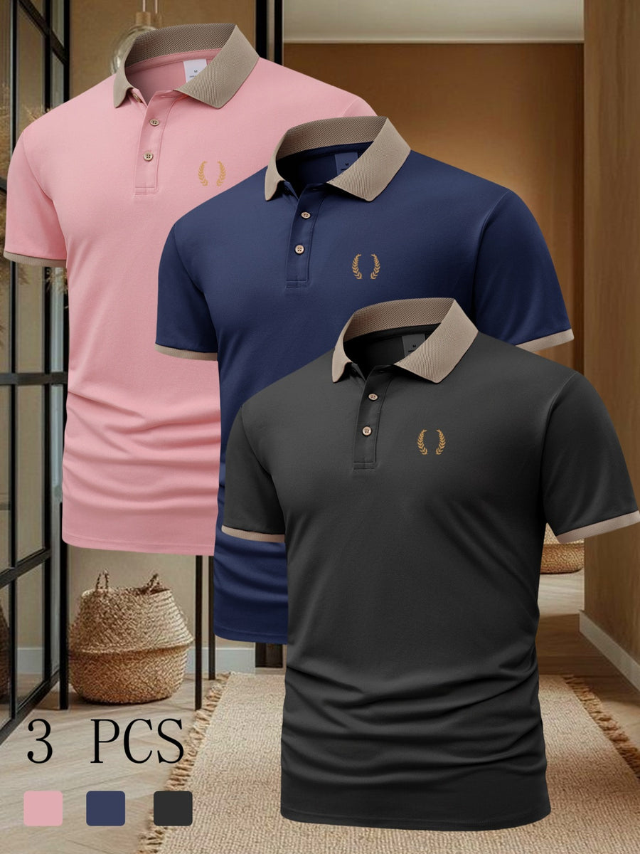 FC660 Wheat Print Pattern 3pcs Set Summer Men'S Casual Short-Sleeved POLO Shirt Lapel Top Fashion Casual Daily Business Top - Pink + Navy + Black