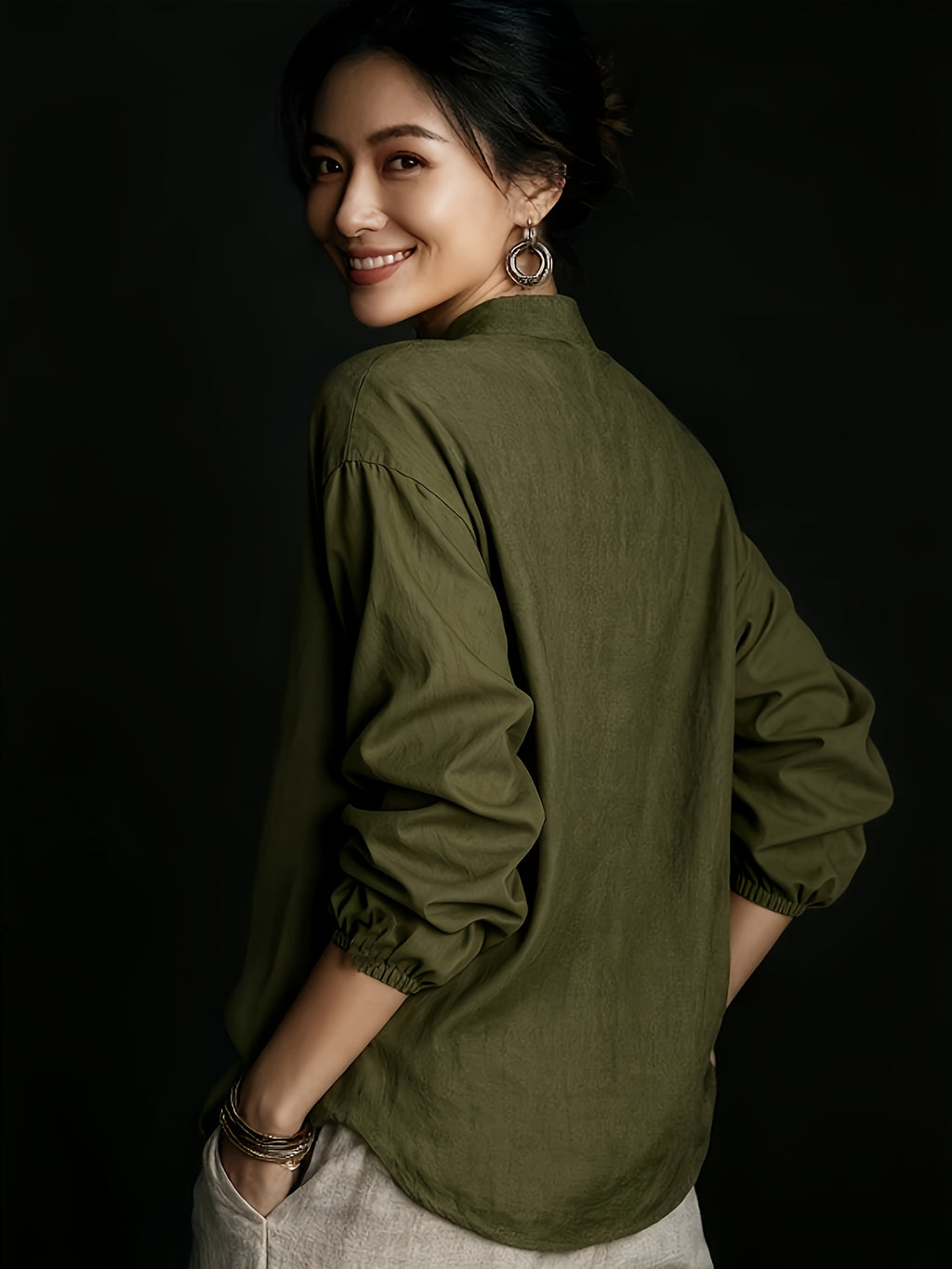 Women'S Spring Autumn Solid Color Stand-Up Collar Shirt, Casual Loose Lazy Style Long Sleeve Blouse, Retro Style Spring Autumn Versatile Temperament Top YTD Cherry - Military Green