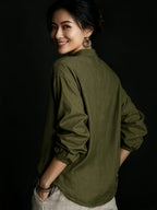 Women'S Spring Autumn Solid Color Stand-Up Collar Shirt, Casual Loose Lazy Style Long Sleeve Blouse, Retro Style Spring Autumn Versatile Temperament Top YTD Cherry - Military Green