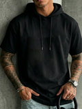 New Summer Men's Basic Solid Color Hooded Short-Sleeve T-Shirt, Streetwear Trendy Casual Top - Black