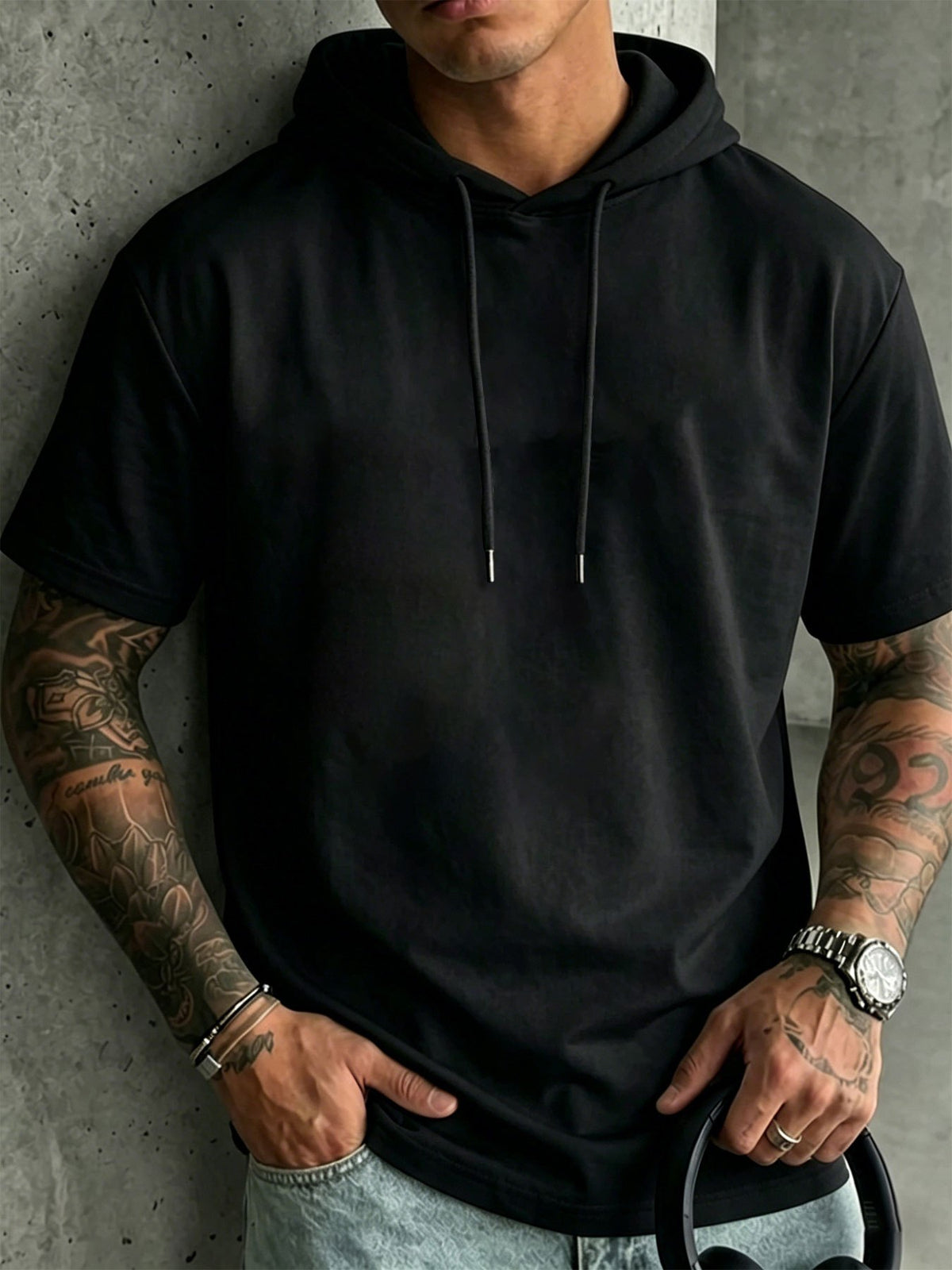 New Summer Men's Basic Solid Color Hooded Short-Sleeve T-Shirt, Streetwear Trendy Casual Top - Black